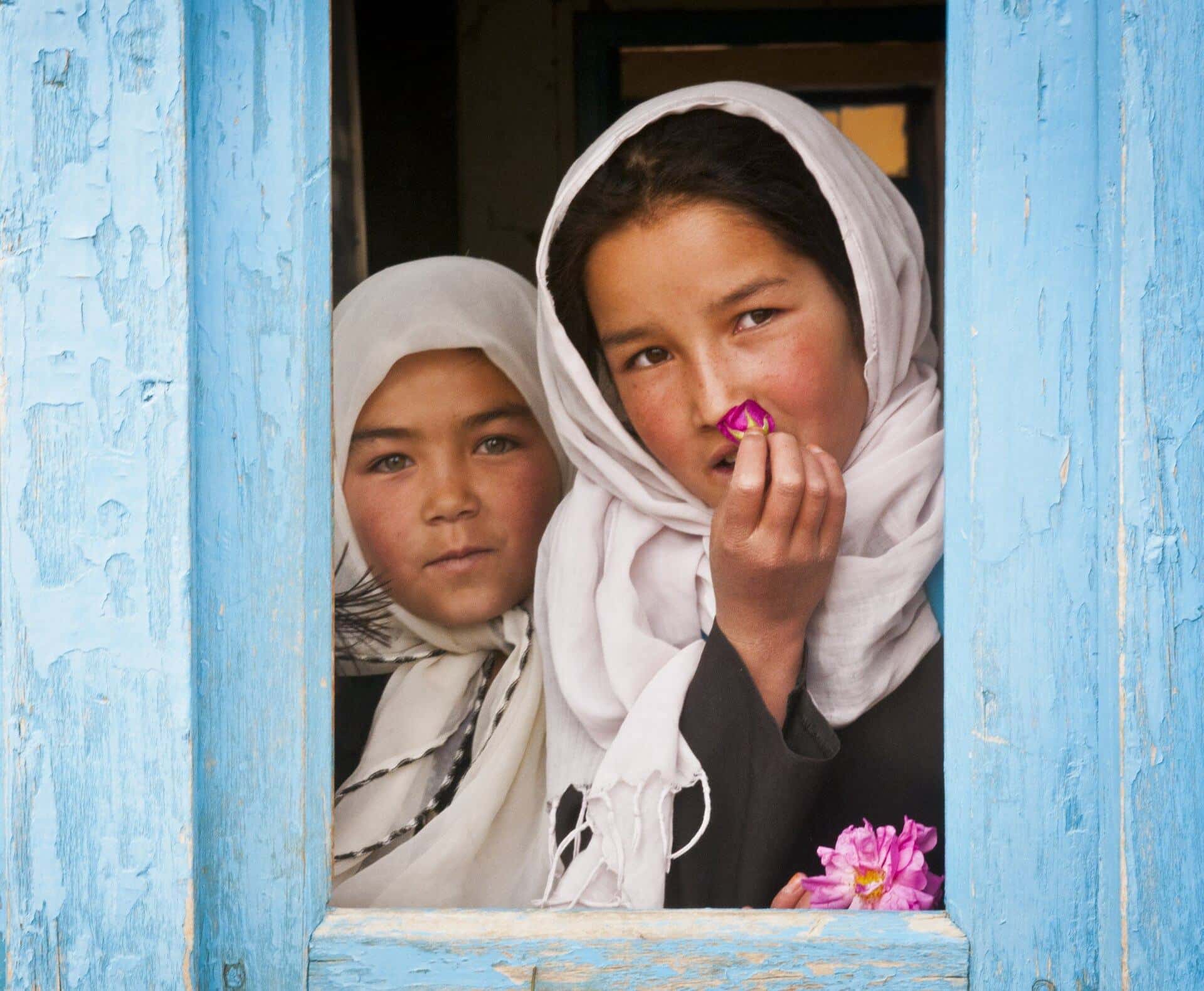 Two schoolgirls look out of a blue window frame, one holding a pink flower